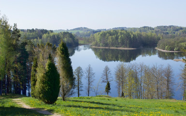 Very beautiful landscape from the hill Ladakalnis. View of the lake with reflection in the water