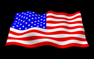 Fototapeta premium Waving flag of the United States of America on a dark background. Stars and Stripes. State symbol of the USA. 3D illustration