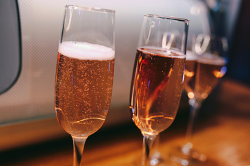Close up Champagne bubble in glass on black background