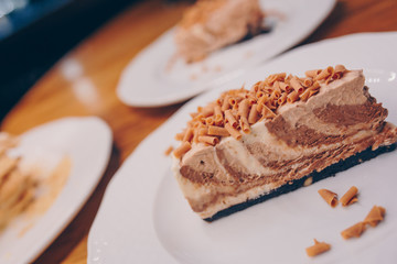 Eat sweet dessert cuisine food in cafe menu.Pastry products close up.Delicious menu item in restaurant.Enjoy fresh Layered cake vanilla custard served fruit slices  exotic cream pie Diet.