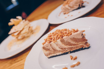 Eat sweet dessert cuisine food in cafe menu.Pastry products close up.Delicious menu item in restaurant.Enjoy fresh Layered cake vanilla custard served fruit slices  exotic cream pie Diet.