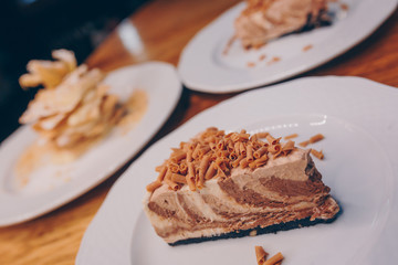 Eat sweet dessert cuisine food in cafe menu.Pastry products close up.Delicious menu item in restaurant.Enjoy fresh Layered cake vanilla custard served fruit slices  exotic cream pie Diet.