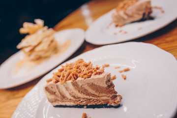 Eat sweet dessert cuisine food in cafe menu.Pastry products close up.Delicious menu item in restaurant.Enjoy fresh Layered cake vanilla custard served fruit slices  exotic cream pie Diet.