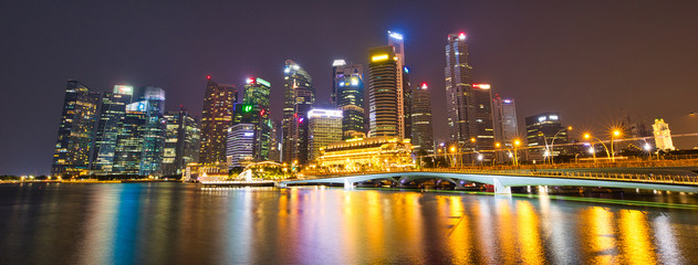 SINGAPORE/SINGAPORE - 01st July, 2019 : Singapore cityscape at dusk. Landscape of Singapore business building around Marina bay.
