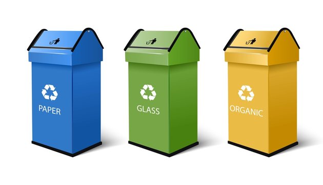 3d realistic vector recycling bins for paper, glass and organic products, with recycling symbol on top in blue, green and yellow color. Isolated on white background.