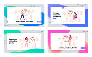 Business Presentation, Workflow Algorithm Landing Page Template Set. Businesswoman Female Character at Whiteboard with Mindmap Charts in Office. Financial Couch Seminar. Cartoon Vector Illustration