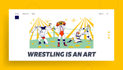 Characters Fighting on Wrestling Competition Landing Page Template. Men and Women Athletes Performing Sport Show on Arena. Winner Demonstrate Belt Holding above Head. Linear Vector People Illustration