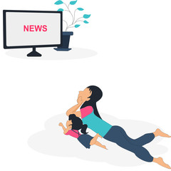 Young mothers and daughters both were lying with their hands on their chin and one leg raised, watching coronavirus on TV vector isometric design concept.