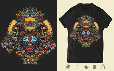 Three angry black panthers. Mayan art. Mesoamerican mexican art. Wild cats queens in jungle. Creative print for dark clothes. T-shirt design. Template for posters, textiles, apparels © intueri