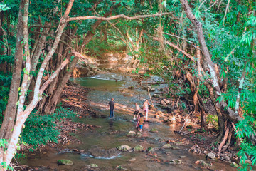 A group of children are walking to explore the nature of the stream at Hin Dad hot spring in Kanchanaburi, Thailand.