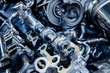 Car engine, concept of modern vehicle motor with metal. Closeup photo of a clean motor block