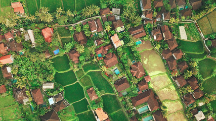 Aerial top view on Bali houses with swimming pools. Bali, Indonesia