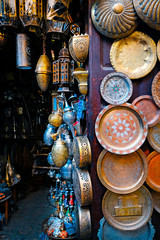 Colorful crafts shop on a traditional moroccan market, Morocco in Africa