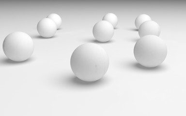 White abstract background. Set of white balls isolated on white backdrop. 3D illustration