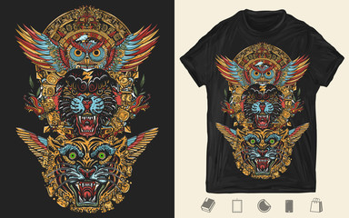 Magic totem. Panther, tiger, owl and mayan sun. Mexican mesoamerican monolith. Mayan and Aztec style. Creative print for dark clothes. T-shirt design. Template for posters, textiles, apparels
