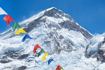 Everest view with prayer flags. National Park, Nepal