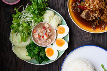 Fresh Boiled Shrimp paste sauce with vegetables in plate