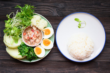 Fresh Boiled Shrimp paste sauce with vegetables in plate