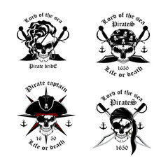 Set of pirate emblems. Emblems with the image of skulls of pirates with swords, a rose of winds, anchors. Black and white vector image on a white background.