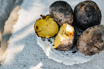 Baked in the fire potatoes in the skin according to the village recipe and method, directly in the ashes. Charred, fragrant tubers, a hot dish on a white stone plate