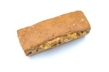 Homemade healthy bread made with spelt, gouda cheese and yeast, bread is imperfect but homemade and on a white background, the cheese is clearly visible within the bread