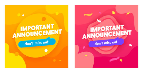 Set of Important Announcement Banners with Abstract Memphis Funky Style Pattern for Social Media Marketing. Hot Sale Offer for Shop or Discounter. Shopping Posters, Advertising. Vector Illustration