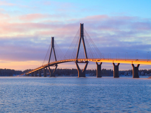 Cable-stayed tuftform bridge to the Raippaluoto Island in Mustasaari near Vaasa, Finland.