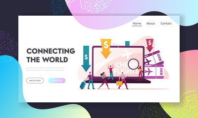 Lowcoster, Cheap Flight and Saving Vacation Budget Landing Page Template. Tiny Characters People Buying Airplane Tickets Online Save Money for Holidays and Traveling. Cartoon Vector Illustration