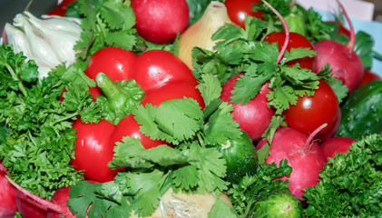 Food grown in a greenhouse garden. Seasonal vegetables.