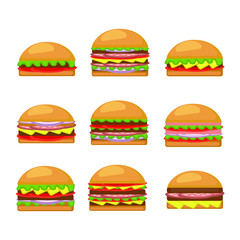 Set of different burgers isolated white background. Fast food hamburger, cheeseburger. Vector illustration.
