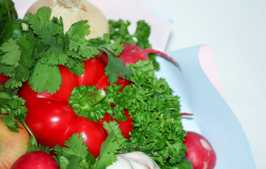 Food grown in a greenhouse garden. Seasonal vegetables.