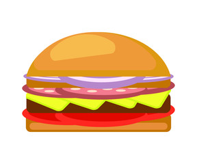 Burger isolated white background. Fast food hamburger, cheeseburger. Vector illustration.
