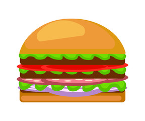 Burger isolated white background. Fast food hamburger, cheeseburger. Vector illustration.