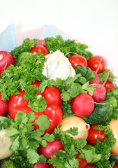 Food grown in a greenhouse garden. Seasonal vegetables.