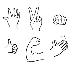 Obraz premium hand drawn Hand Emojis Gestures Vector Icons Set. Biceps, fist, folded hands, victory. doodle