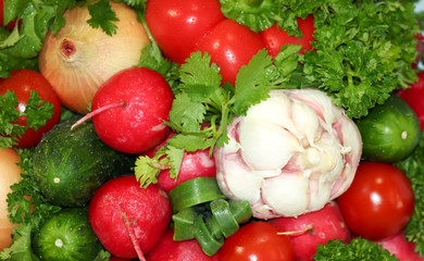 Food grown in a greenhouse garden. Seasonal vegetables.