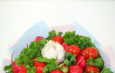 Food grown in a greenhouse garden. Seasonal vegetables.