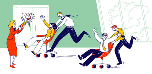 Happy Colleagues Characters Having Fun at Workplace Conducting Office Chair Races. Corporate Activity, Laziness, Employees Competition, Challenge and Fooling Fun. Linear Vector People Illustration