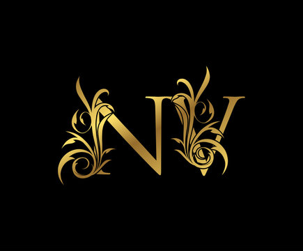 Luxury Gold N, V and NV Letter Classy Floral Logo Icon. Vintage drawn emblem for book design, weeding card, letter stamp, Restaurant, Boutique, Hotel.