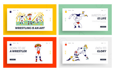 Obraz na płótnie Canvas Characters Fighting on Wrestling Competition Landing Page Template Set. Men and Women Athletes Performing Sport Show on Arena. Winner Demonstrate Belt above Head. Linear Vector People Illustration