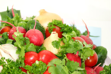 Food grown in a greenhouse garden. Seasonal vegetables.
