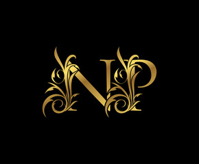 Luxury Gold N, P and NP Letter Classy Floral Logo Icon. Vintage drawn emblem for book design, weeding card, letter stamp, Restaurant, Boutique, Hotel. © bintank