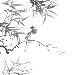 竹に鳥　水墨画