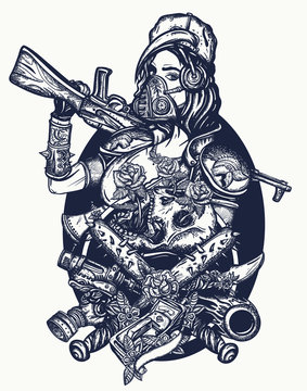 Bad girl. Post apocalyptic woman warrior. Soldier girl in gas mask. Skulls, roses, baseball bats with spikes. Game art. Survival people. Dark crime future, tattoo and t-shirt design