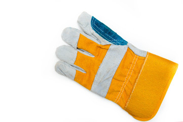 Gloves for workers, construction workers, gaiters. Men's mittens from a dense, strong fabric on a white background. Gloves  close-up