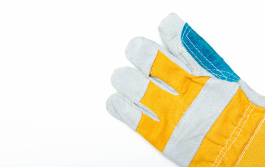 Gloves for workers, construction workers, gaiters. Men's mittens from a dense, strong fabric on a white background. Gloves  close-up