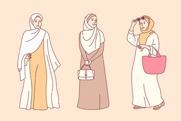 Hijab muslim woman. Modern girls in islamic style clothes. Arabic modest fashion. People characters. Flat hand drawn style vector illustration.