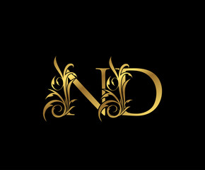 Luxury Gold N, D and ND Letter Classy Floral Logo Icon. Vintage drawn emblem for book design, weeding card, letter stamp, Restaurant, Boutique, Hotel.