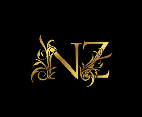 Luxury Gold N, Z and NZ Letter Classy Floral Logo Icon. Vintage drawn emblem for book design, weeding card, letter stamp, Restaurant, Boutique, Hotel.