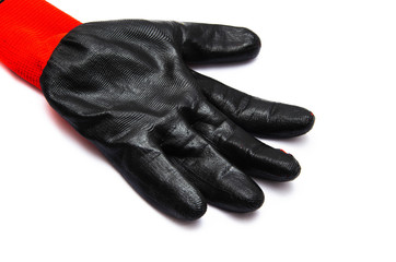 Gloves for workers, construction red with black rubber coating. Black-red gloves. Gloves on a white background, palm up, down. Glove on  glove